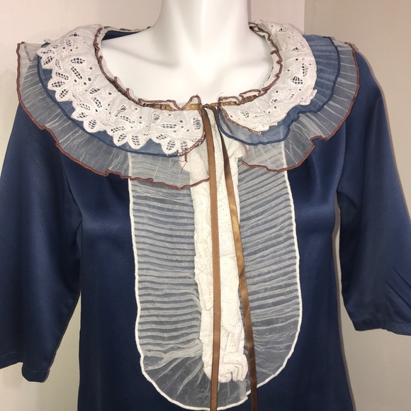 Chloe Cerulean Silk Ruffled Lace 3/4 Sleeve Dress - Picture 5 of 10